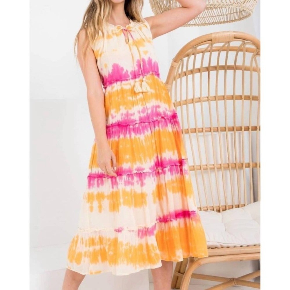 THML‎ ruffle midi dress in pink/orange tie dye size S boho summer vacation